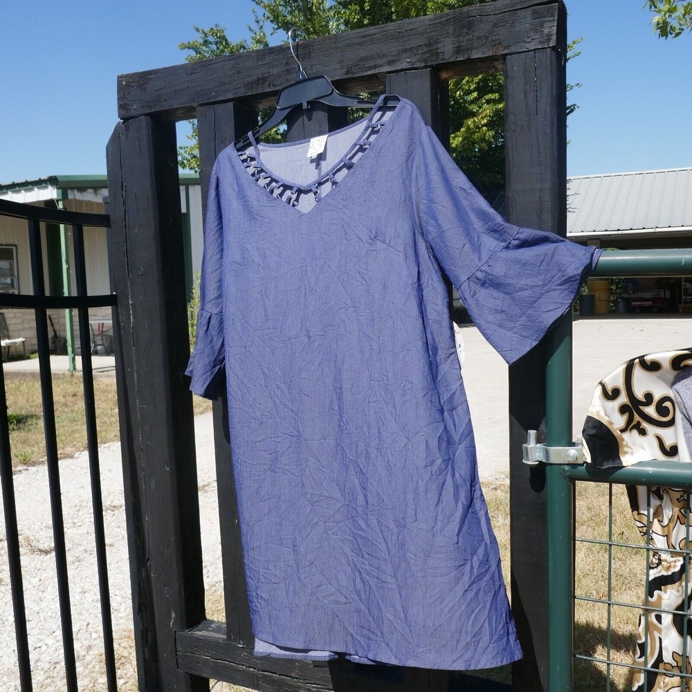 Naif Pullover Swing Dress Denim Blue Chambray NWT 1X Bell Sleeve - Picture 3 of 9